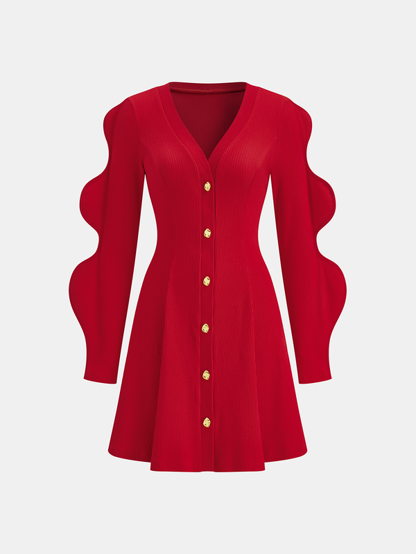 Scalloped Sleeve Button Ribbed Knit Mini Dress