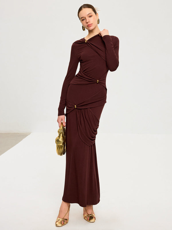 Metal Detail Long Sleeve Draped Maxi Dress