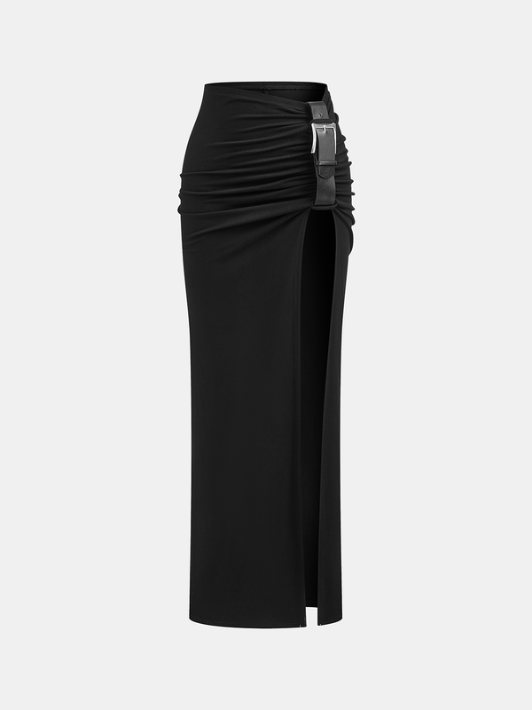 High Slit Belted Ruched Maxi Skirt