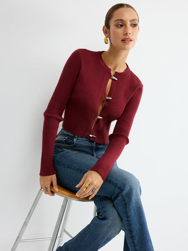 Metal Button Ribbed Fitted Sweater
