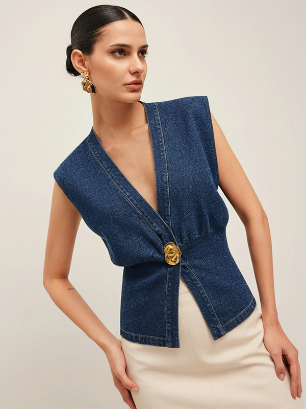 Metal Detail Denim Waist-Cinching Vest