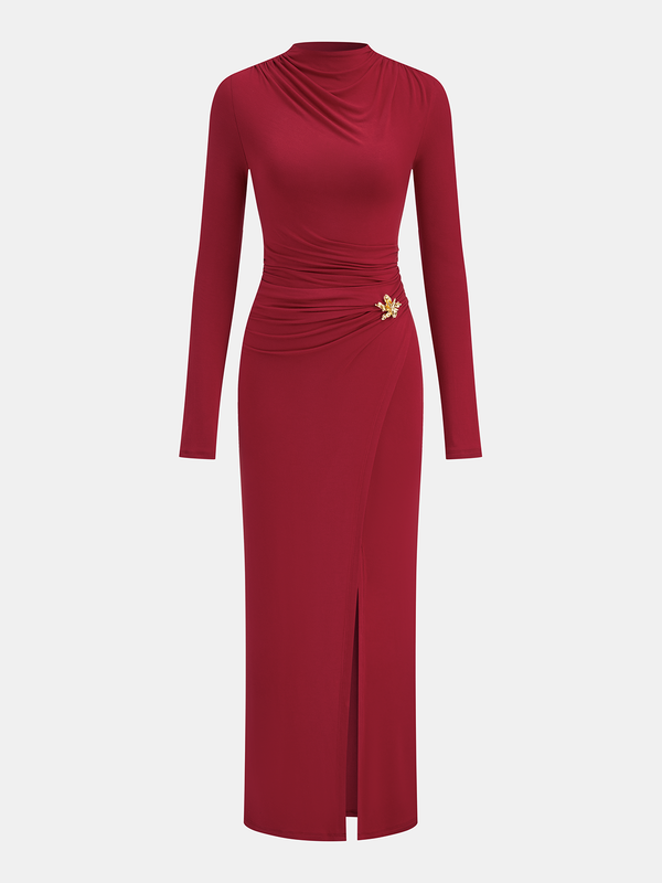 Metal Detail Mock Neck Long Sleeve Maxi Dress