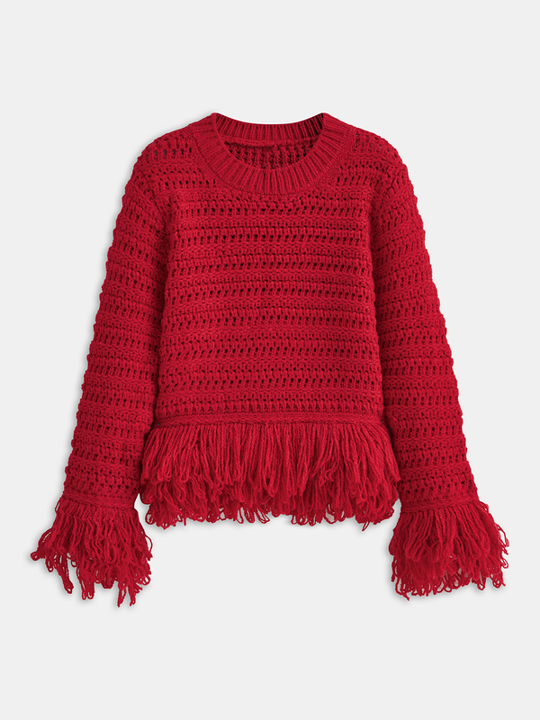 Fringe Hem Crochet Knit Sweater