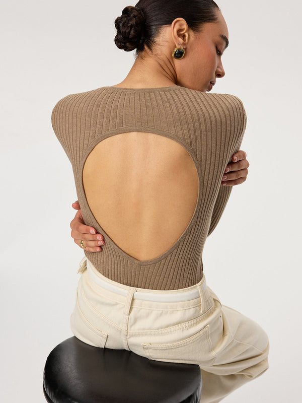 Ribbed Cut-Out Back Wool Blend Sweater