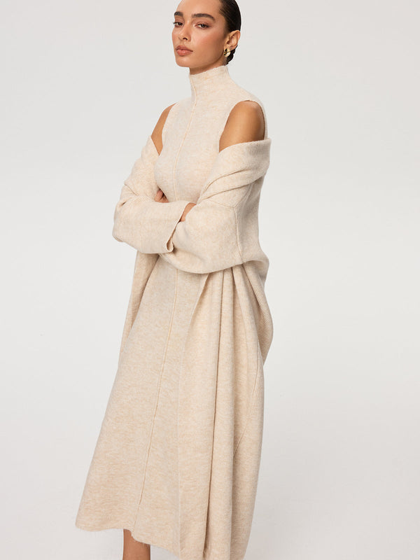Knit Coat and Turtleneck Sleeveless Dress Two-Piece Set