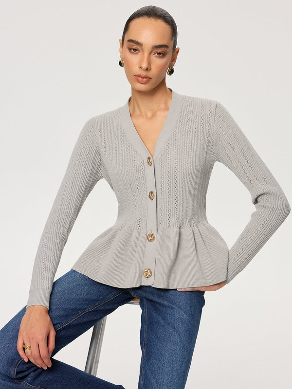 Metal Button V-Neck Peplum Knit Blouse