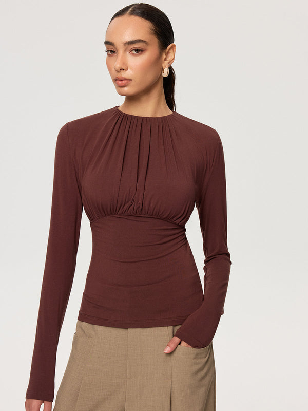 Ruched Long Sleeve Round Neck Knit Blouse