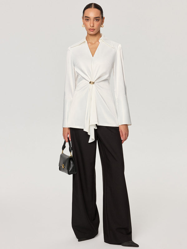 Metal Detail Cinching Satin V-Neck Blouse