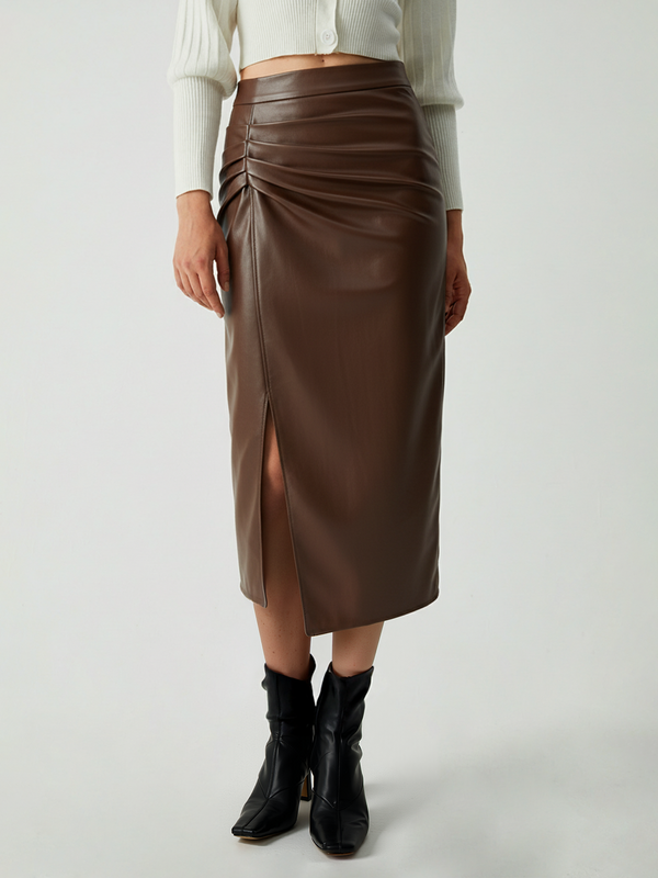Ruched Slit PU Leather Midi Skirt