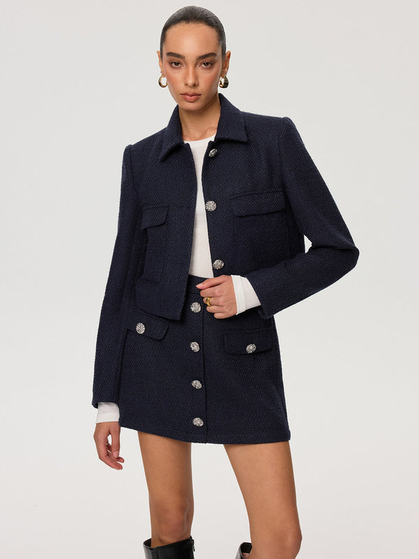Metal Button Tweed Collared Jacket