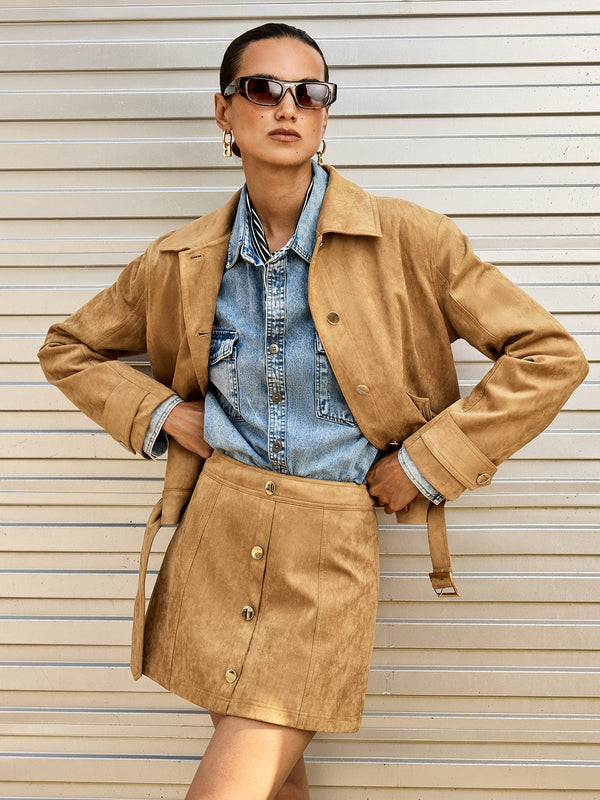 Decor Button Suede Mini Skirt