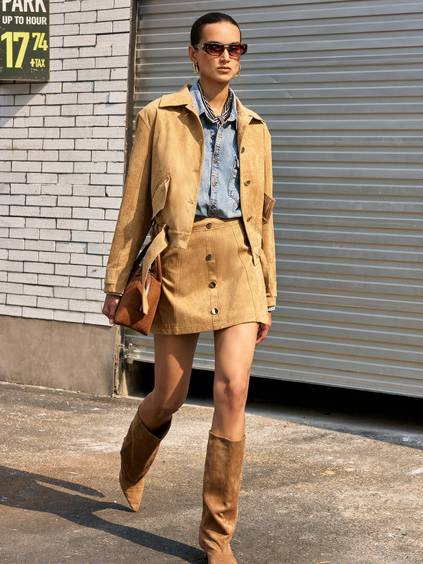 Belted Collared Suede Jacket