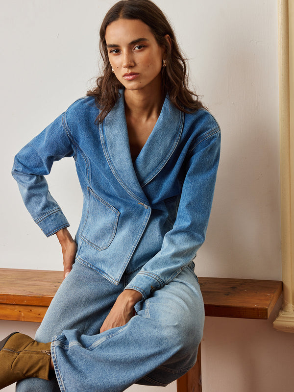 Shawl Collar Washed Denim Jacket