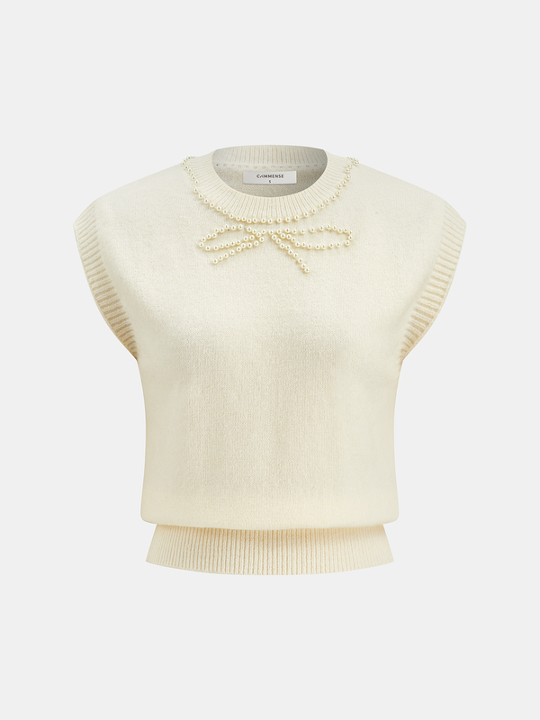 Pearl Bow Detail Cap Sleeve Knit Vest