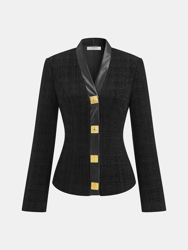 Faux Leather Trim Metal Button Tweed Blazer