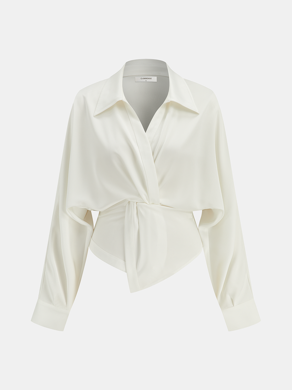 Collared Twisted Front Long Sleeve Shirt