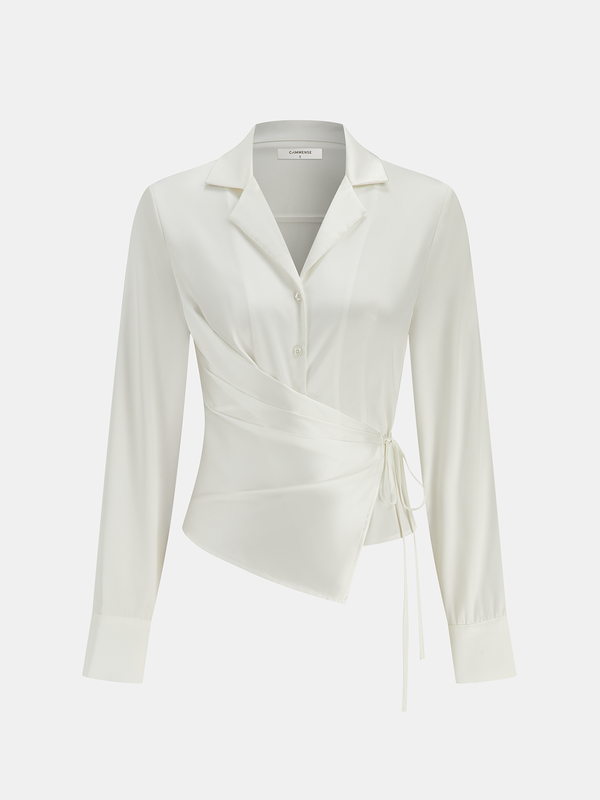 Lapel Collar Tie Satin Wrap Shirt