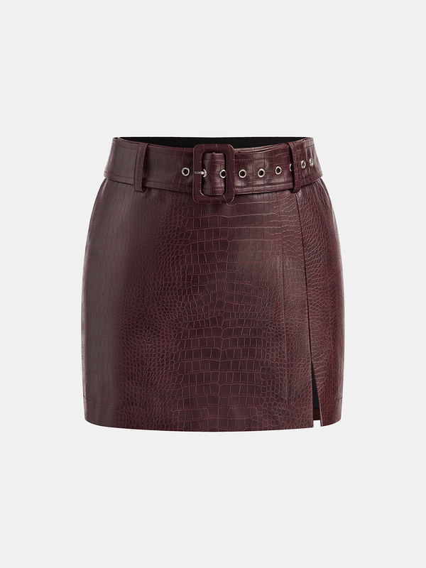 Crocodile Embossed Faux Leather Belted Mini Skirt
