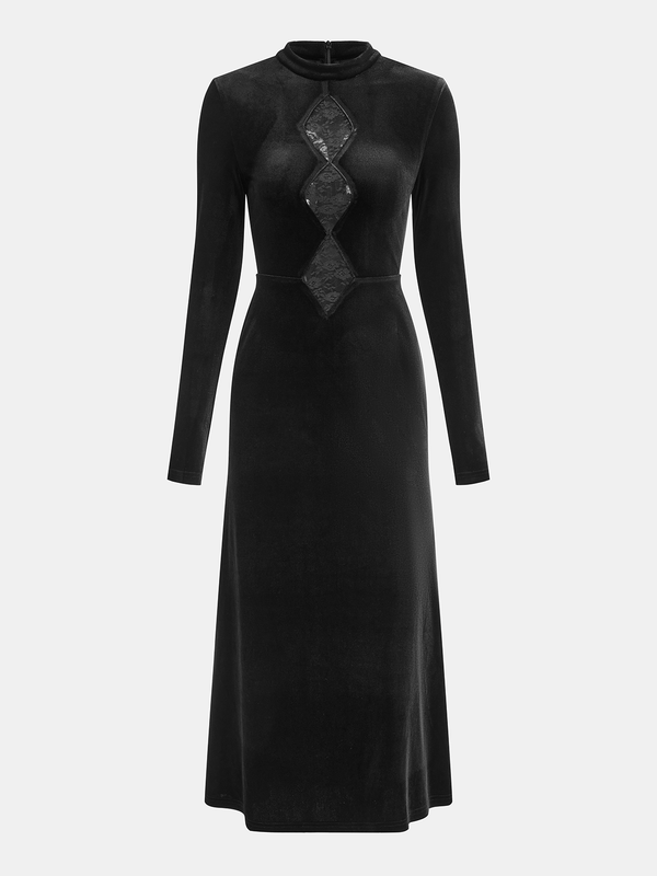 Lace Panel Velvet Long-Sleeve Maxi Dress