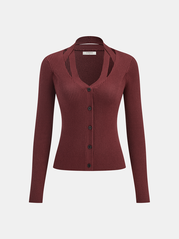 Halter Neck Button Front Ribbed Sweater