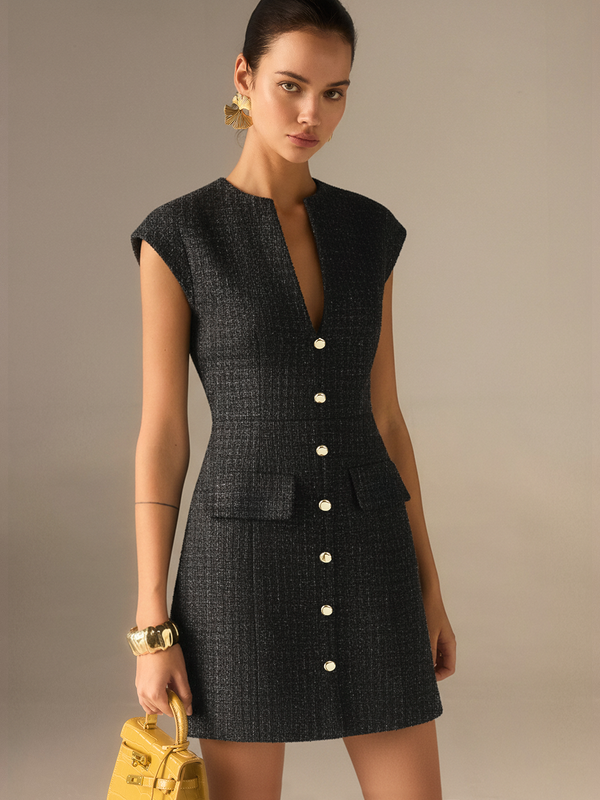 Metal Button Tweed Sleeveless Mini Dress