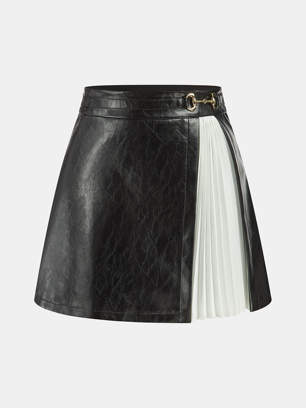 Contrast Pleated Faux Leather Mini Skirt