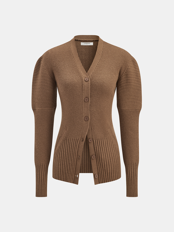Puff Sleeve Ribbed V-Neck Cardigan