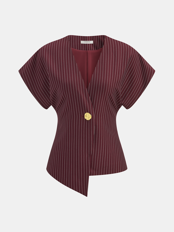 Striped V-Neck Blouse with Metal Button