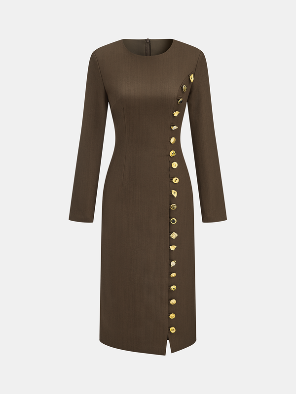 Metal Side Button Long Sleeve Midi Dress