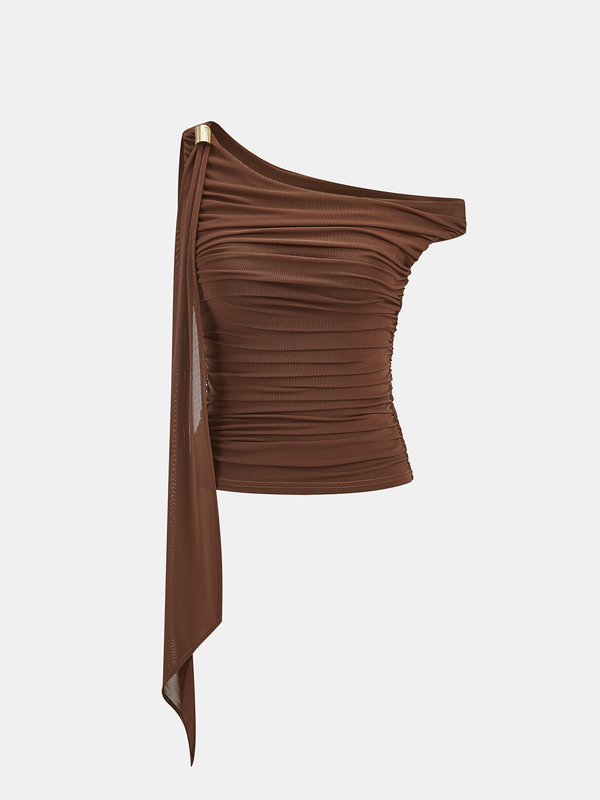 Ruched Off-shoulder Top with Metal Decor