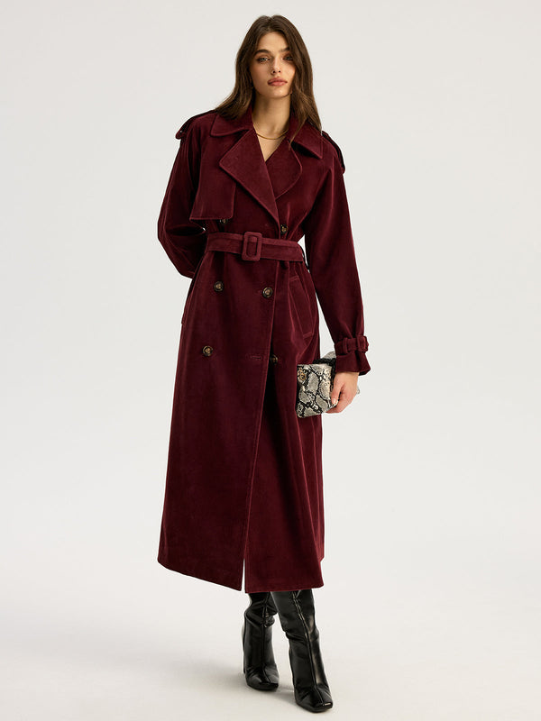 Belted Double-Breasted Suede Long Trench Coat