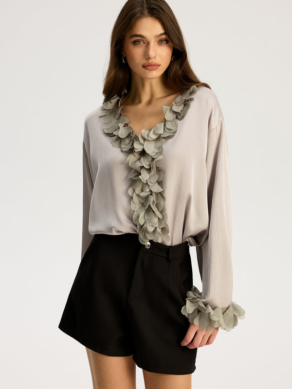Floral Petal Trim V-Neck Shirt