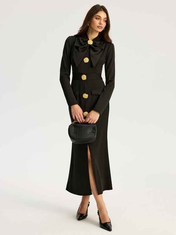 Bow-collar Long-Sleeved Dress with Metal Button