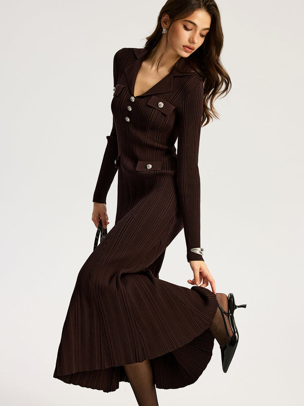 Lapel Metal Detail Knit Maxi Dress