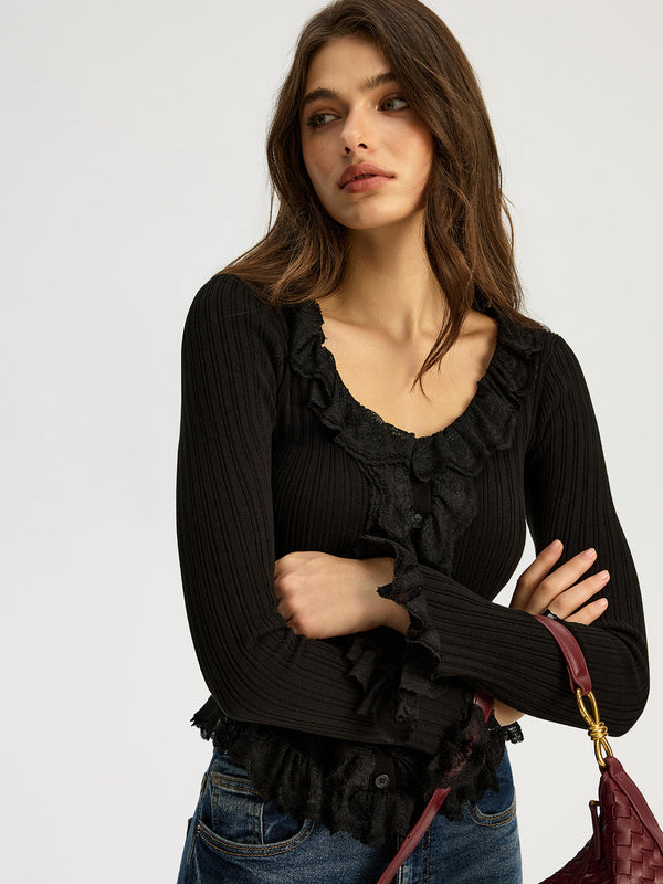 Ruffled Ribbed Long-sleeve Knit Top