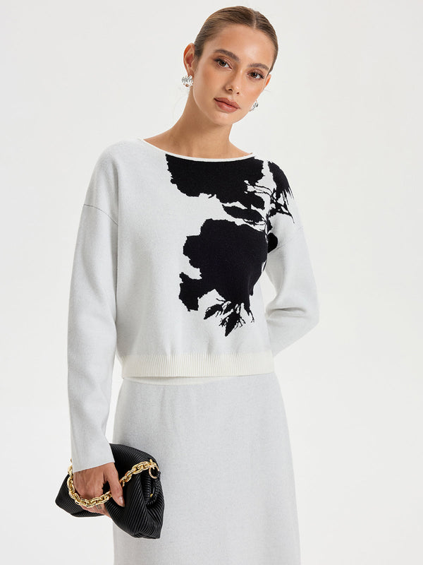 Ink-Wash Painting Pattern Round Neck Knit Top