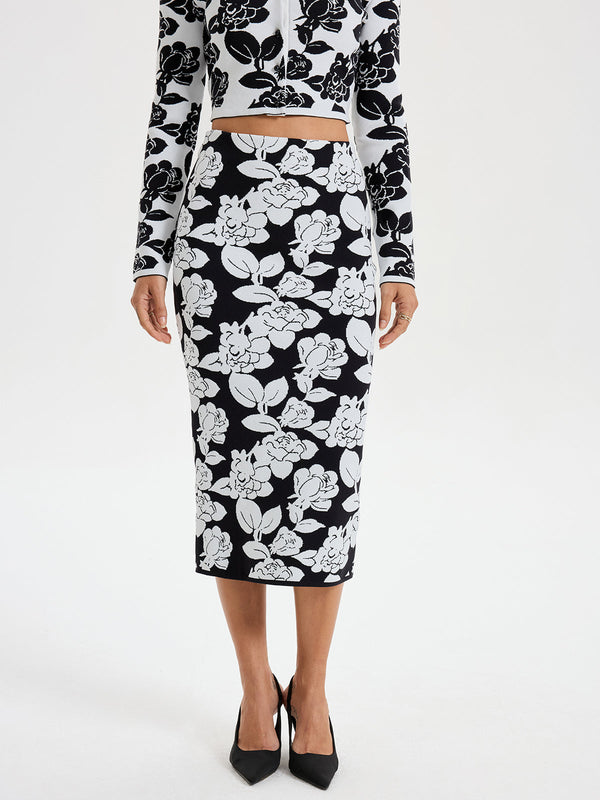 Floral Pattern Knit Midi Skirt