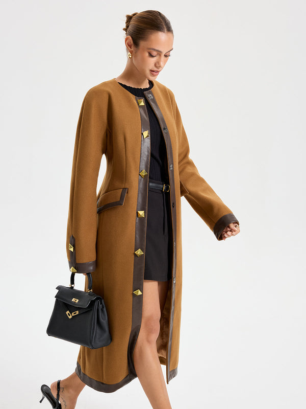 Faux Leather Trim Tweed Long Coat