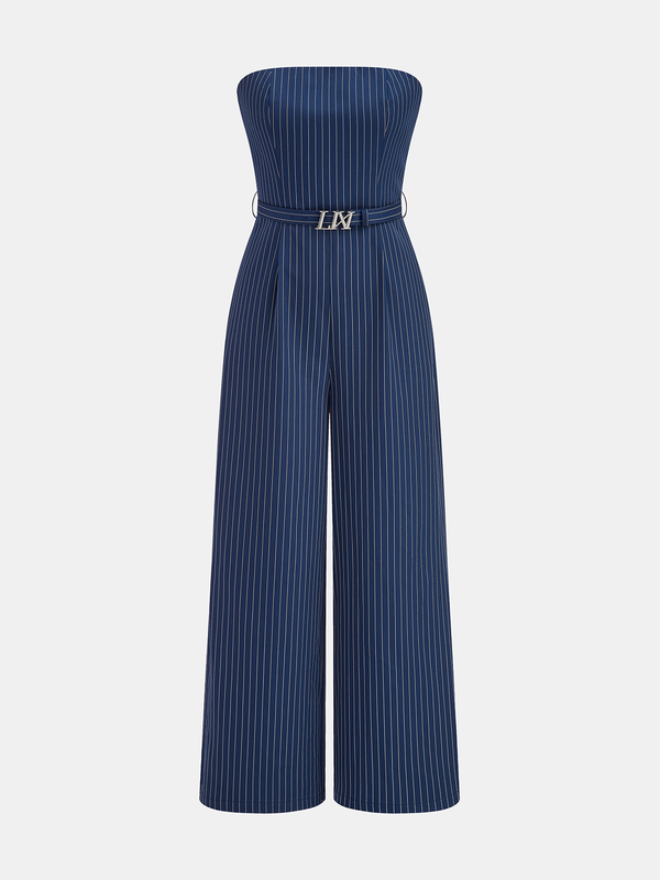Belted Pinstripe Strapless Jumpsuit