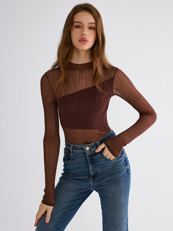 Mock Neck Contrast Mesh Top